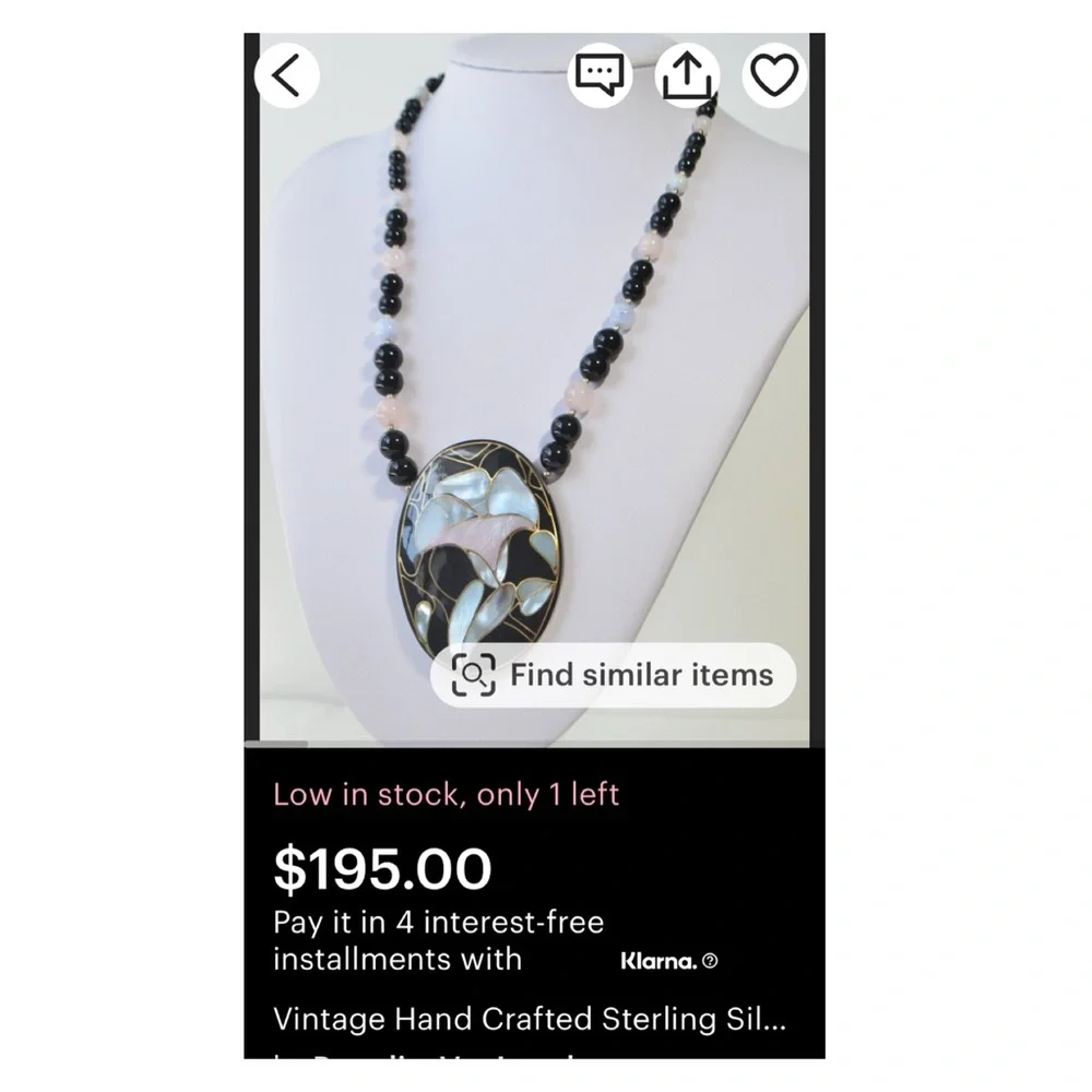 VTG Sterling 925 MOP Inlay Pink Jade BLK Onyx Agate Bead Designer Necklace - Picture 4 of 12